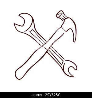 Line art illustration of a crossed hammer and wrench symbolizing tool, repair and construction. Perfect for logo, icon, mechanic, DIY project and Stock Vector