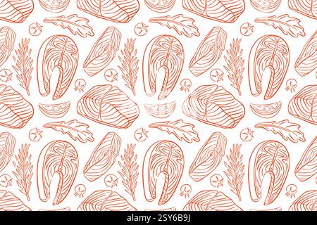 Seamless pattern with Salmon steak and ingredients in line art style on a white background. Tomato, slices of lemon, rosemary, arugula. Red fish Stock Vector