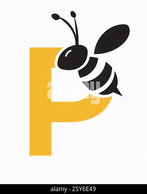 Initial Bee Logo On Letter P For Honey Bee Symbol Stock Vector
