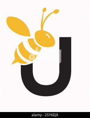 Initial Bee Logo On Letter U For Honey Bee Symbol Stock Vector