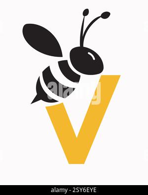 Initial Bee Logo On Letter V For Honey Bee Symbol Stock Vector