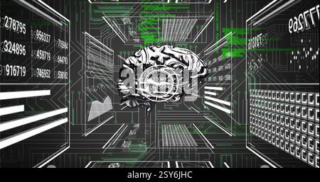 Image of rotating brain rotating over interface screens with charts and processing data Stock Photo