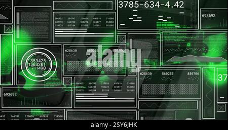 Image of interface screen charts and processing data over green lights on black Stock Photo