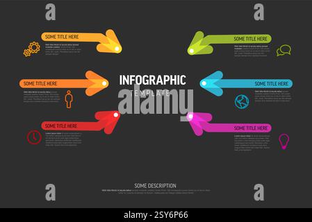 A vibrant Dark infographic template featuring colorful arrows with text boxes. The layout includes six arrows pointing outward, each with a unique col Stock Vector