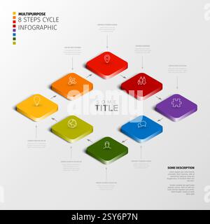This image showcases a colorful 3D 8-step infographic with arrows and icons. The 3D infographic highlights 8 colorful steps connected by arrows, featu Stock Vector