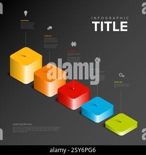 3D business infographic features gradient cubes with text, icons, and lines on dark background. The layout highlights steps with titled sections and v Stock Vector