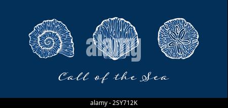 Stylized white shell illustrations on dark blue background with Call of the Sea quote Stock Vector