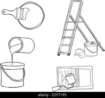 Painter tools composition set. Vector graphic line ink illustration of step ladder, brushes, color cans, rollers and paint tray, isolated Stock Vector