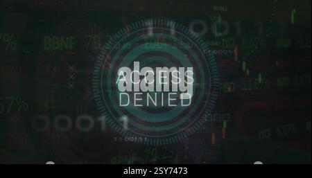 Image of access denied text, scope and data processing over black background Stock Photo