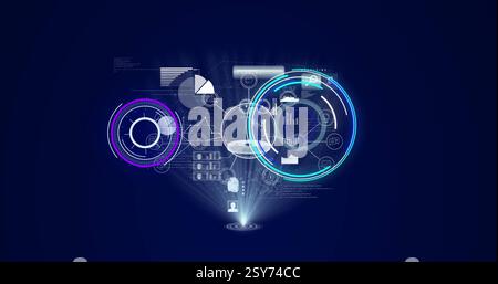 Image of circular scanner, processing data and communication network on dark blue background Stock Photo
