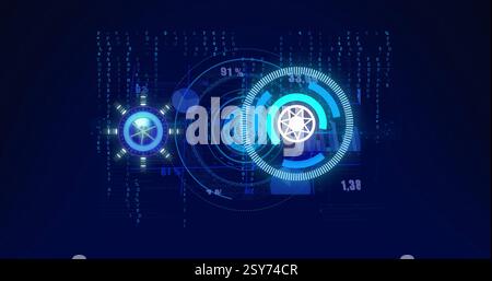 Image of circular scanners processing data on dark blue background Stock Photo