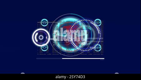 Image of circular scanners processing data and play symbol on dark blue background Stock Photo
