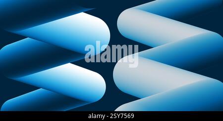 Modern abstract background featuring two lit tubular zigzag 3D shapes beside each other, shown from different angles and colored in blue and white gra Stock Vector