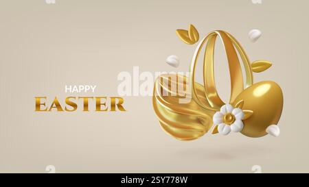 Happy Easter banner and background design with gold luxury Easter eggs and flowers Stock Vector