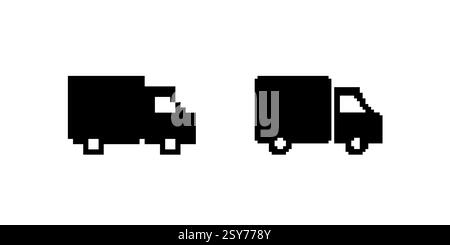 Pixel art black trucks showing a side and front view in retro gaming style design Stock Vector