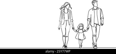 continuous single line drawing of mom and dad walking hand in hand with toddler girl, line art vector illustration Stock Vector