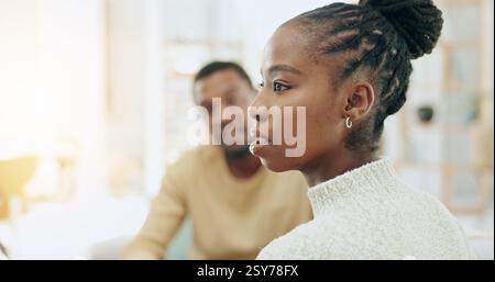 Stress, argument and marriage, black couple on sofa in home sad after discussion or fight. Mental health, relationship and divorce, woman and man Stock Photo