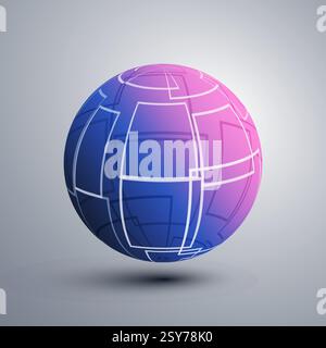 Abstract Pink and Blue Translucent Patterned Lit Globe Design with Intersecting White Squares, Grid of Overlapping Rectangular Outlines on a Gray Grad Stock Vector