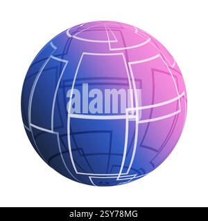 Abstract Pink and Blue Translucent Patterned Lit Globe Clipart Design with Intersecting White Squares, Grid of Overlapping Rectangular Outlines - Vect Stock Vector