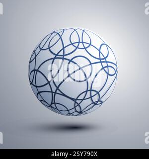 Abstract glowing sphere of tangled curvy, circular blue lines on a grey background. The intricate pattern creates depth and complexity, resembling a c Stock Vector