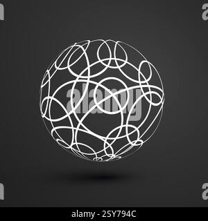 Abstract patterned sphere of tangled curvy, circular white lines on a black background. The intricate pattern creates depth and complexity, resembling Stock Vector