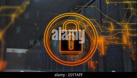 Image of padlock icon and digital data processing over computer servers Stock Photo