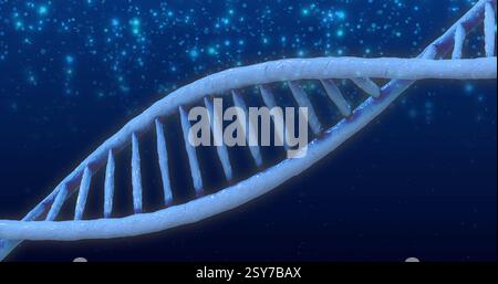 DNA strand image with glowing particles in background Stock Photo
