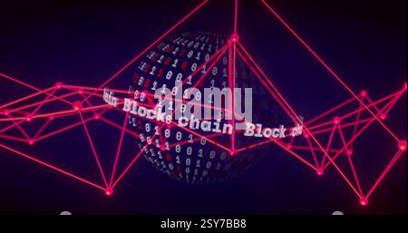 Blockchain text and binary code image over globe with red network connections Stock Photo