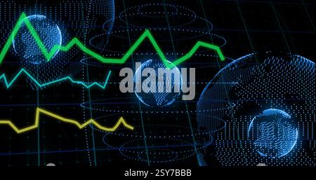 Green financial graph over digital image of Earth and data points Stock Photo