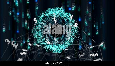 Digital currency symbols and binary code image over network connections and data processing Stock Photo