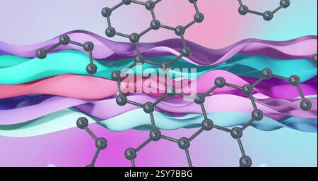 Molecular structure image over colorful, wavy abstract background Stock Photo