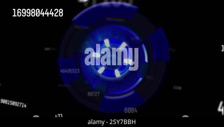 Blue circular data visualization image with numbers and glowing segments Stock Photo