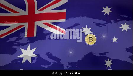 Bitcoin symbols and Australian flag image over world map Stock Photo