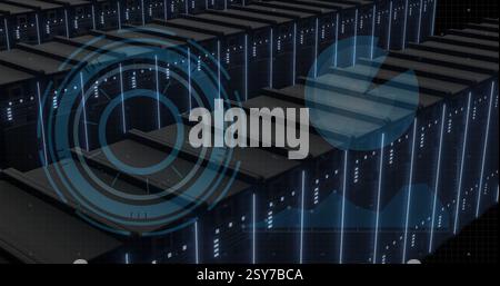 Data processing image over rows of servers in data center Stock Photo