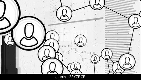 Network of connected user icons and data processing image over graphs and charts Stock Photo