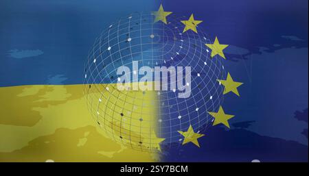 European Union stars and grid image over Ukraine flag and map Stock Photo