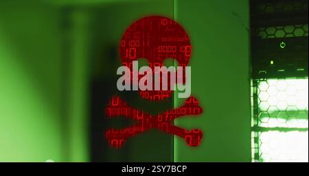 Image of binary coding and data processing over skull and bones by computer servers Stock Photo