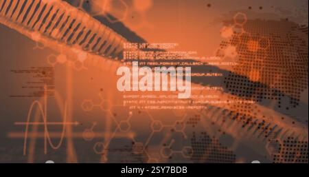Hexagonal patterns and data processing image over abstract orange background Stock Photo