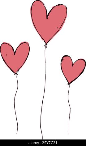 Three red heart-shaped balloons with thin strings, drawn in a sketch style on a plain white background, symbolizing love and romance. Valentine's day Stock Vector