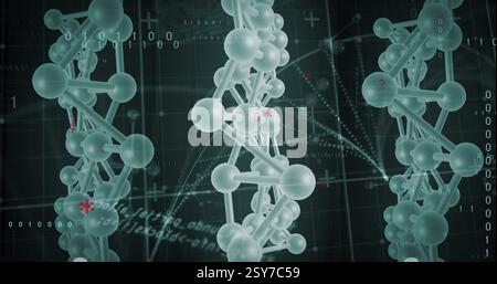 Image of data processing with molecules over dna strand on black background Stock Photo