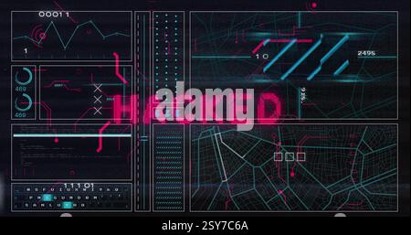 Image of hacked text and data processing on black background Stock Photo