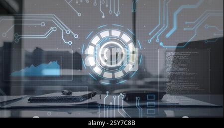 Image of financial data processing with scope scanning over empty room in office Stock Photo