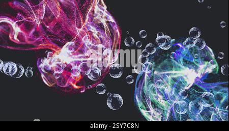 Image of glowing light spots and light trials moving over black background Stock Photo