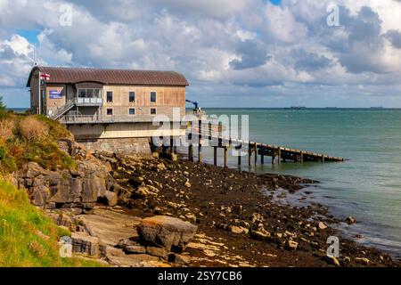 Moelfre RNLI Lifeboat Station on the north west coast of Anglesey North Wales UK built in 2015 to house a Tamar class lifeboat. Stock Photo