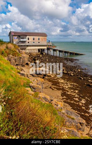 Moelfre RNLI Lifeboat Station on the north west coast of Anglesey North Wales UK built in 2015 to house a Tamar class lifeboat. Stock Photo
