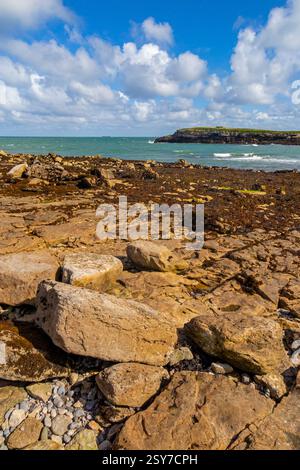 View looking from the beach across the channel Y Swnt towards Ynys Moelfre a small island off the coast of north east Anglesey in North Wales UK. Stock Photo