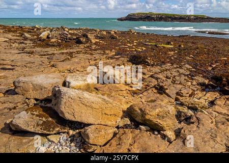View looking from the beach across the channel Y Swnt towards Ynys Moelfre a small island off the coast of north east Anglesey in North Wales UK. Stock Photo