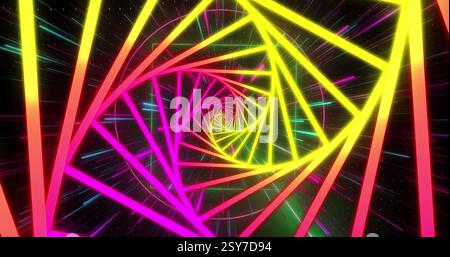 Image of neon digital tunnel over shapes moving Stock Photo