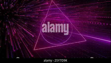 Image of neon shapes moving over light trails Stock Photo