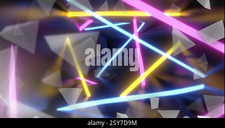Image of white shapes moving over neon lines Stock Photo